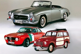 Mercedes 190 SL (oben), Alfa GT 1300 Junior (u.l.) und Fiat Topolino Belvedere