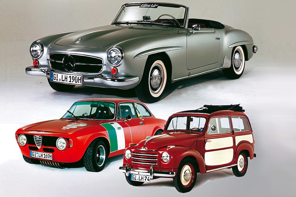 Mercedes 190 SL (oben), Alfa GT 1300 Junior (u.l.) und Fiat Topolino Belvedere