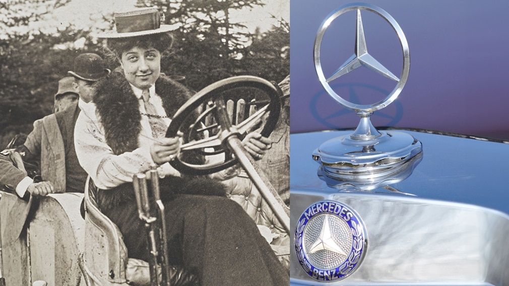 Die junge Frau Mercédès Jellinek am Steur eines Automobils; dazu ein Mercedes-Stern