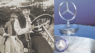 Die junge Frau Mercedes Jellinek am Steur eines Automobils; dazu ein Mercedes-Stern