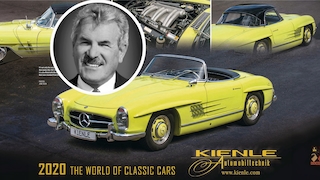 Kalenderblatt des Kienle-Kalenders mit dem verfäschten Mercedes, dazu Klaus Kienles Gesicht
