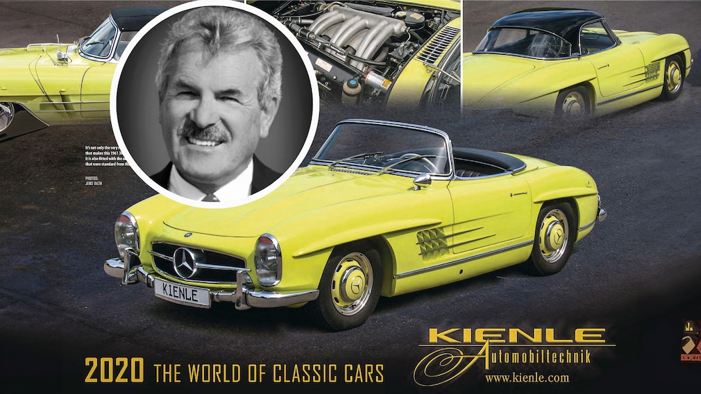 Kalenderblatt des Kienle-Kalenders mit dem verfäschten Mercedes, dazu Klaus Kienles Gesicht