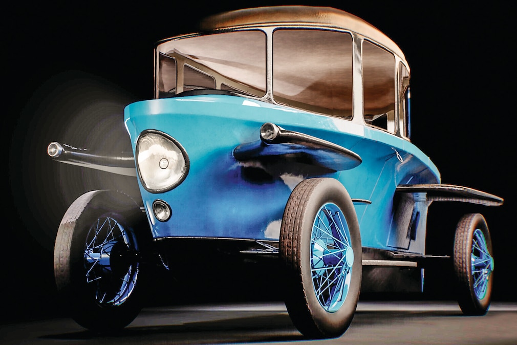 Studiofoto vom aerodynamischen Rumpler-Tropfenwagen von schräg vorn unten