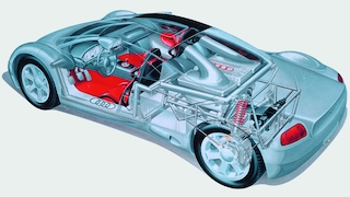 Röntgendarstellung der Studie Audi Avus quattro mit sichtbarem Mittelmotor