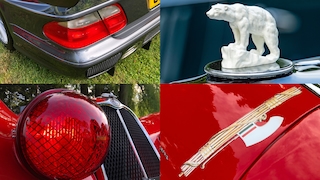 Collage: Heckleuchte eines Mercedes CLK GTR, Eisbär-Kühlerfigur, roter Scheinwerfer an einem Vorkriegs-Alfa Romeo, Rutenbündel-Aufkleber