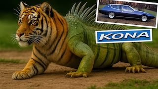KI-Bild von einem Fabelwesen aus Tiger und Leguan, dazu ein Lotus Eclat und der Kona-Schriftzug vom Hyundai Kona