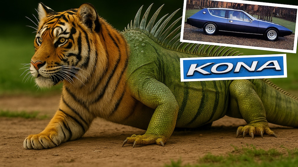 KI-Bild von einem Fabelwesen aus Tiger und Leguan, dazu ein Lotus Eclat und der Kona-Schriftzug vom Hyundai Kona