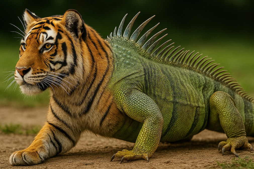 KI-bild von einem Fabelwesen: vorn Tiger, hinten Leguan.