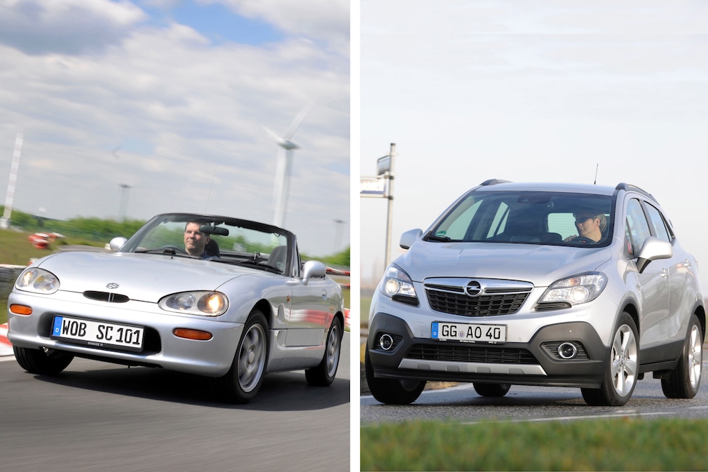 Suzuki Cappuccino und Opel Mokka, jeweils fahrend schräg von vorn