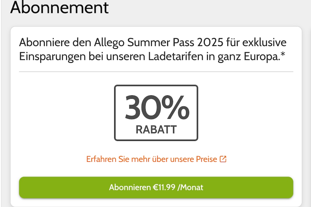 Allego Sommer-Sonderangebot 30 Prozent auf Ladestrom