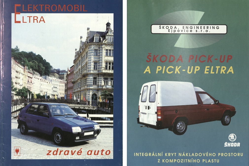 zwei Prospekt-Titelseiten: Skoda Eltra Limousine und Eltra Pick-up