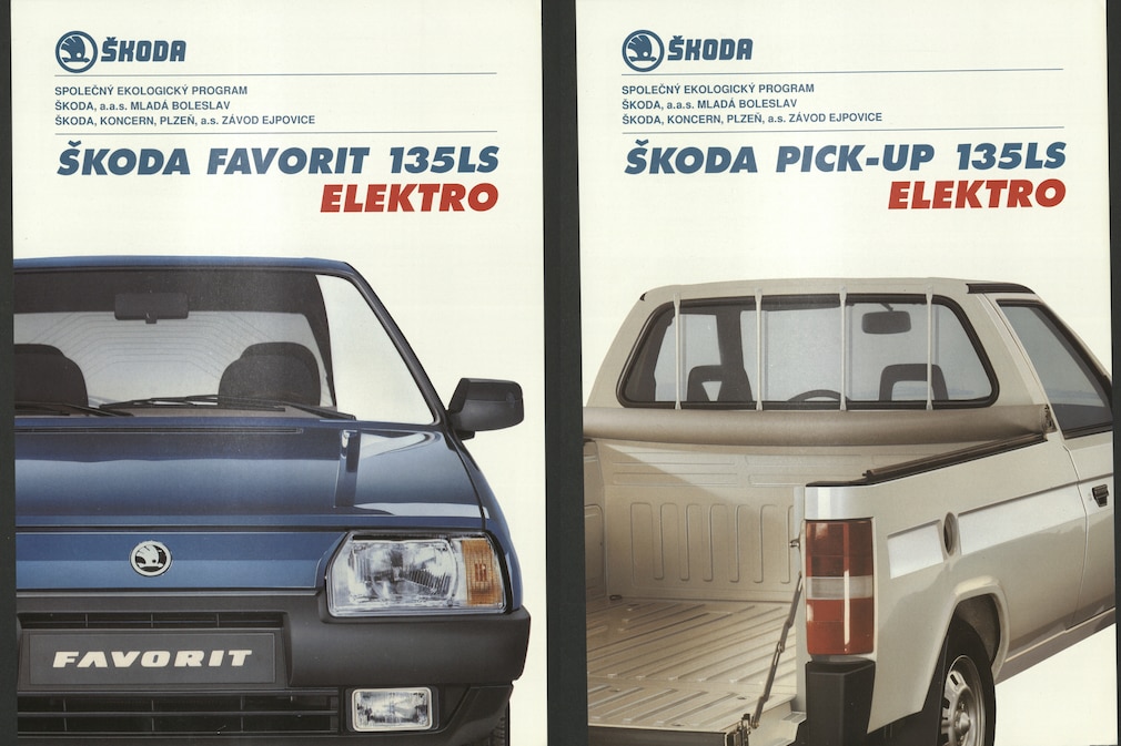 zwei Prospekt-Titelseiten: Skoda Favorit 135S Elektro und Skoda Pick-up 135LS Elektro