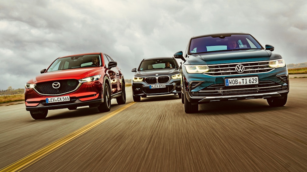 BMW X1 (F48), Mazda CX-5 (KF) und VW Tiguan (II) im TÜV-Vergleich