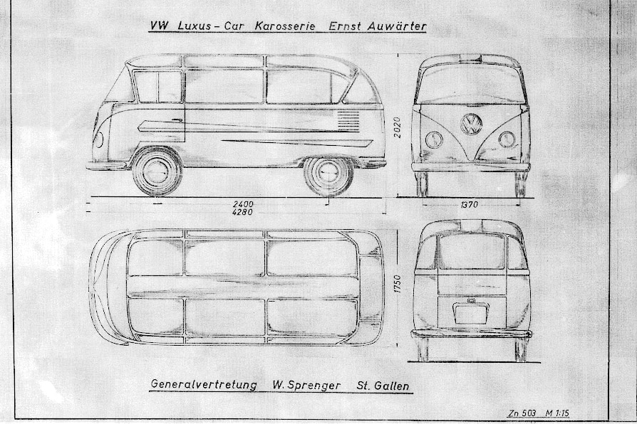 Konstruktionszeichnungen des VW T1 Auwärter Carlux