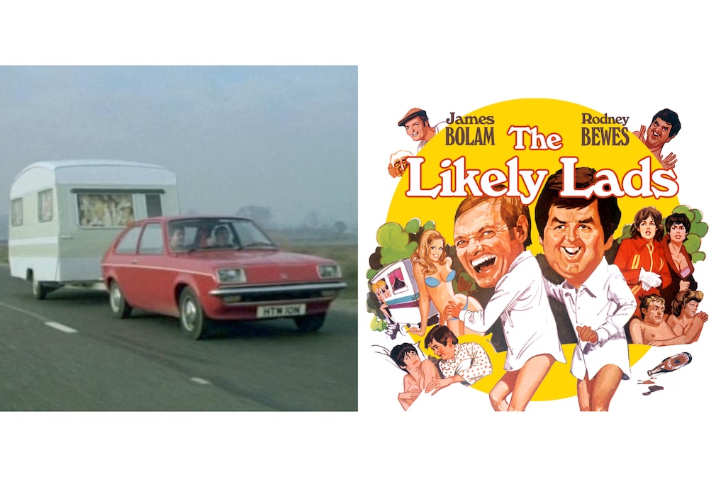Filmszene mit Vauxhall Chevette und Wohnwagen; dazu ein Filmplakat von The Likely Lads"