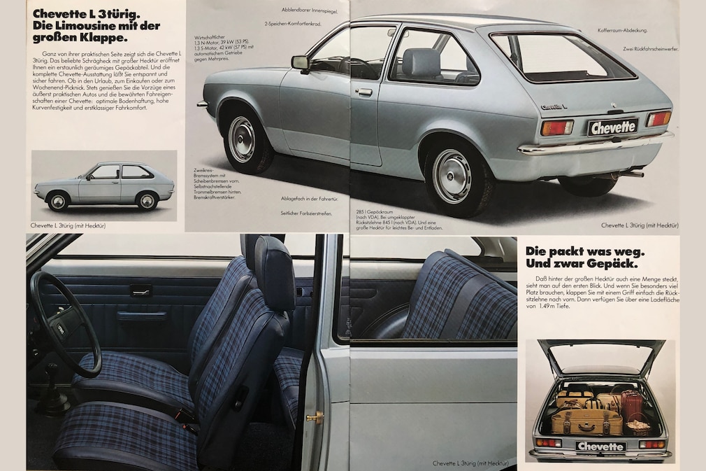 Prospekt-Doppelseite auf deutsch mit Chevette Dreitürer