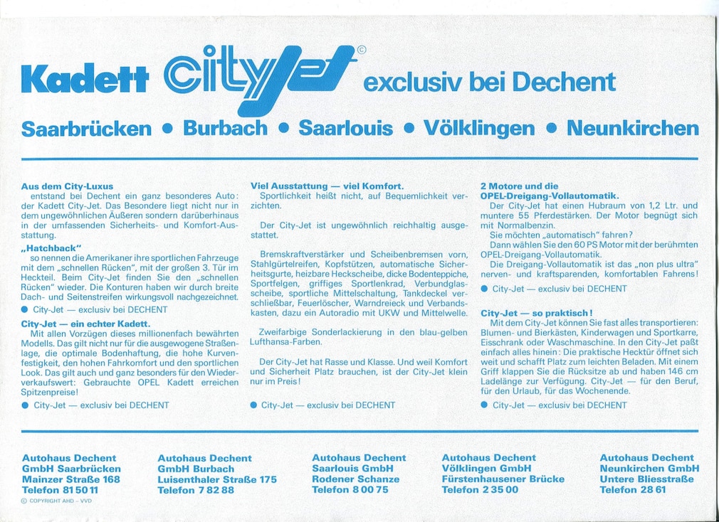 Textseite des Prospekts für den Kadett City Jet