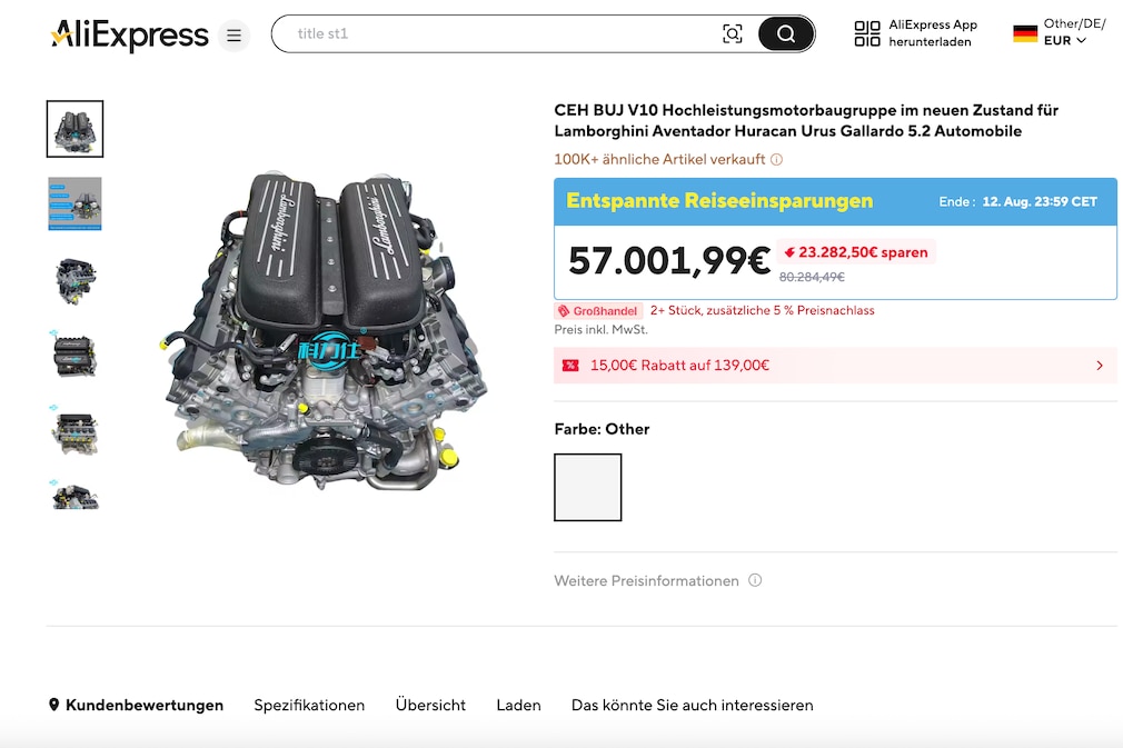 AliExpress Angebot eines Lamborghini Gallardo V10-Motors