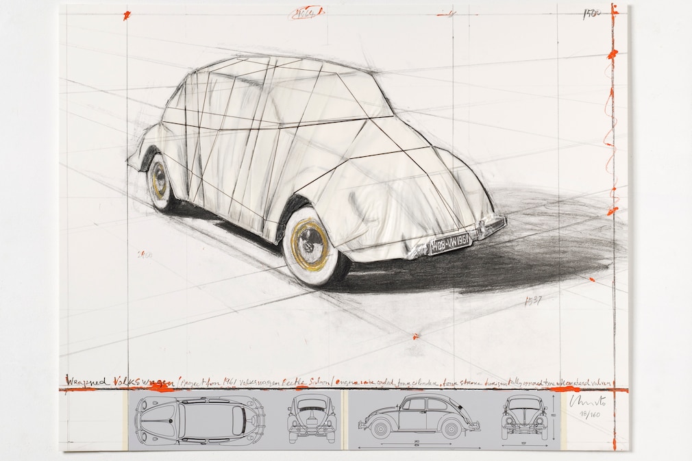 Kunstwerk, Collage als Wandbild von Christo mit VW Käfer