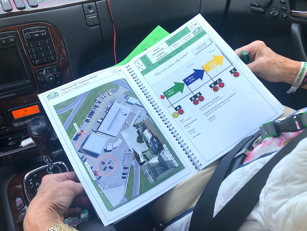 Roadbook der Oldtimerrallye auf dem Schoß der Beifahrerin