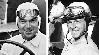 Zwei historische Schwarzweißfotos: Rudolf Caracciola in einem Rennwagen mit Hakenkreuz und Wolfgang Graf Berghe von Trips