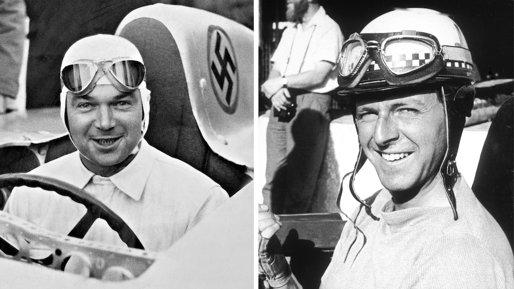 Zwei historische Schwarzweißfotos: Rudolf Caracciola in einem Rennwagen mit Hakenkreuz und Wolfgang Graf Berghe von Trips
