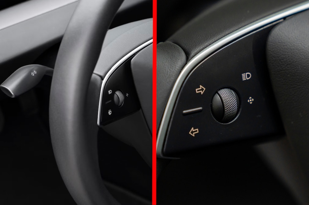 Vergleich: Lenkrad des Model 3 mit und ohne Blinkerhebel