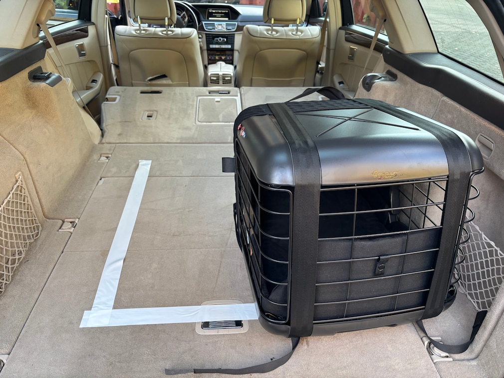 Testsituation: eine unbefestigte Hundebox ist bei Fahrmanövern von der markierten Fläche gerutscht.