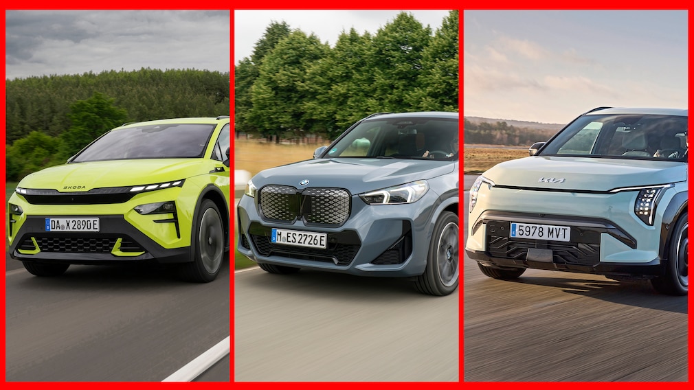 Drei kompakte Elektro-SUV: Škoda Elroq, BMW iX1 und Kia Niro EV in Fahrt nebeneinander.
