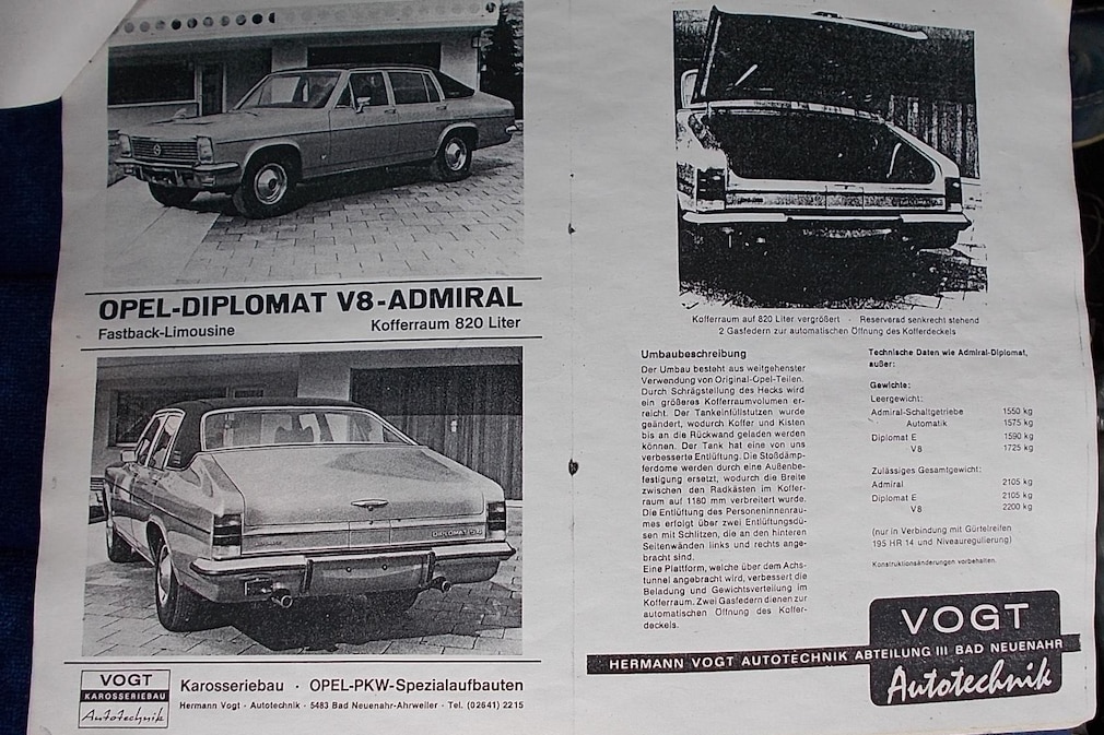 Fotokopie eines Prospektes über den Opel Admiral B Schrägheck-Umbau von Vogt