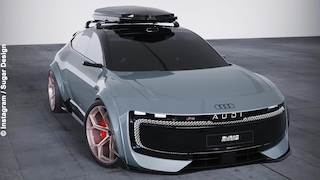 Audi RS E5 Rendering von Sugar Design mit Dachbox auf grauem Betonboden.