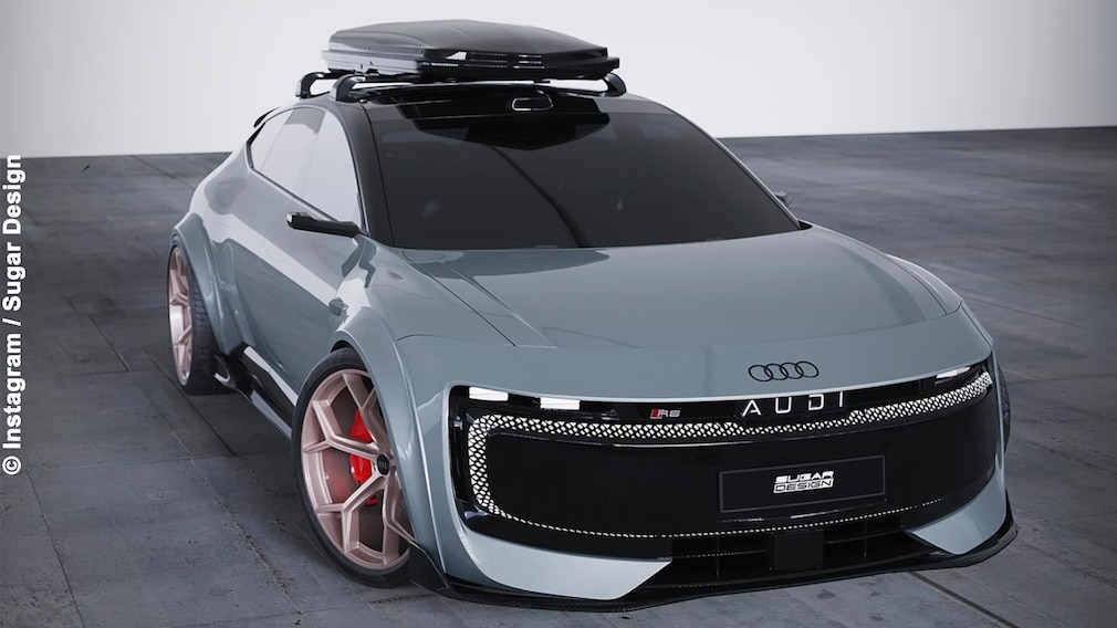 Audi RS E5 Rendering von Sugar Design mit Dachbox auf grauem Betonboden.