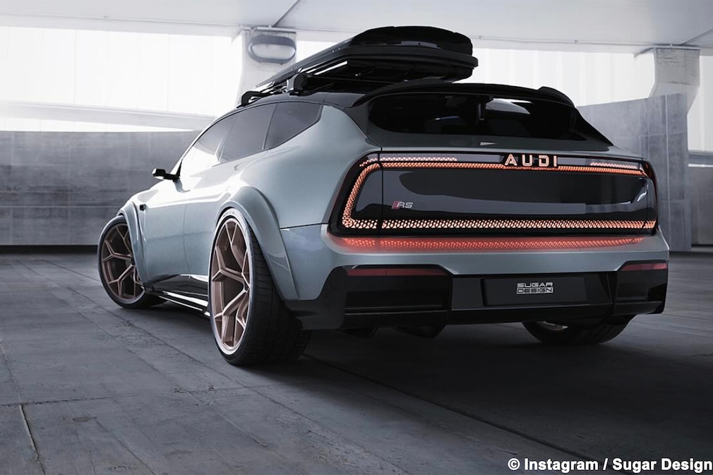 Audi RS E5 Rendering von Sugar Design von hinten, mit Dachbox in einer hellen Garage.