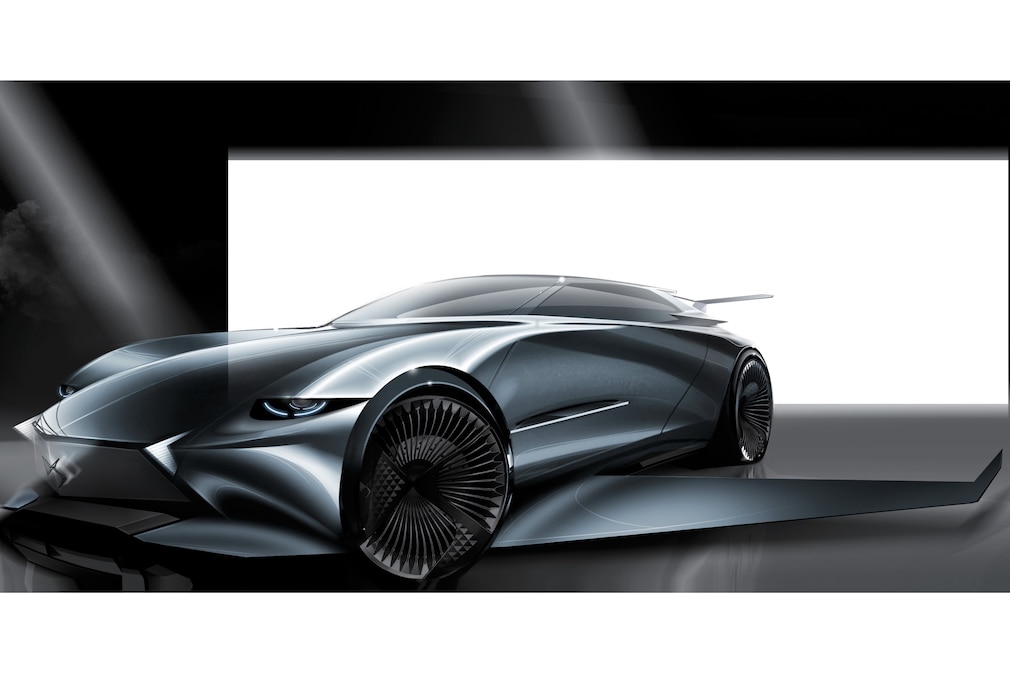 Skizze / Rendering von einem Neuwagen mit Tragflächen und Heckleitwerk