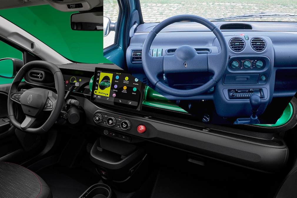 Vergleich: Innenraum Renault Twingo I und neuer Renault Twingo im Split-Bild.