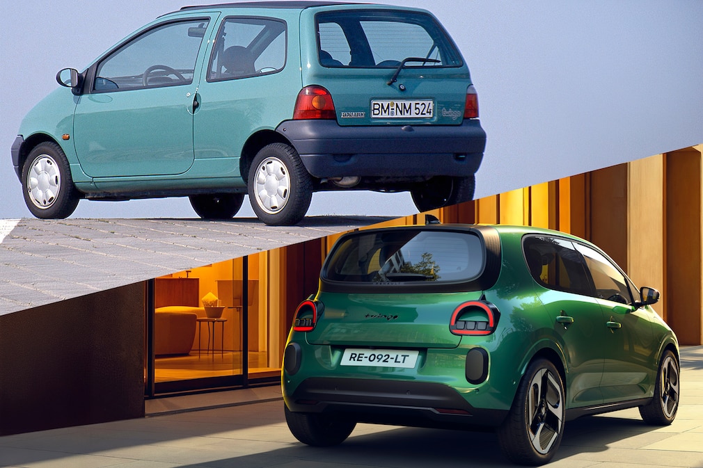 Vergleich: Renault Twingo I und neuer Renault Twingo schräg von hinten.