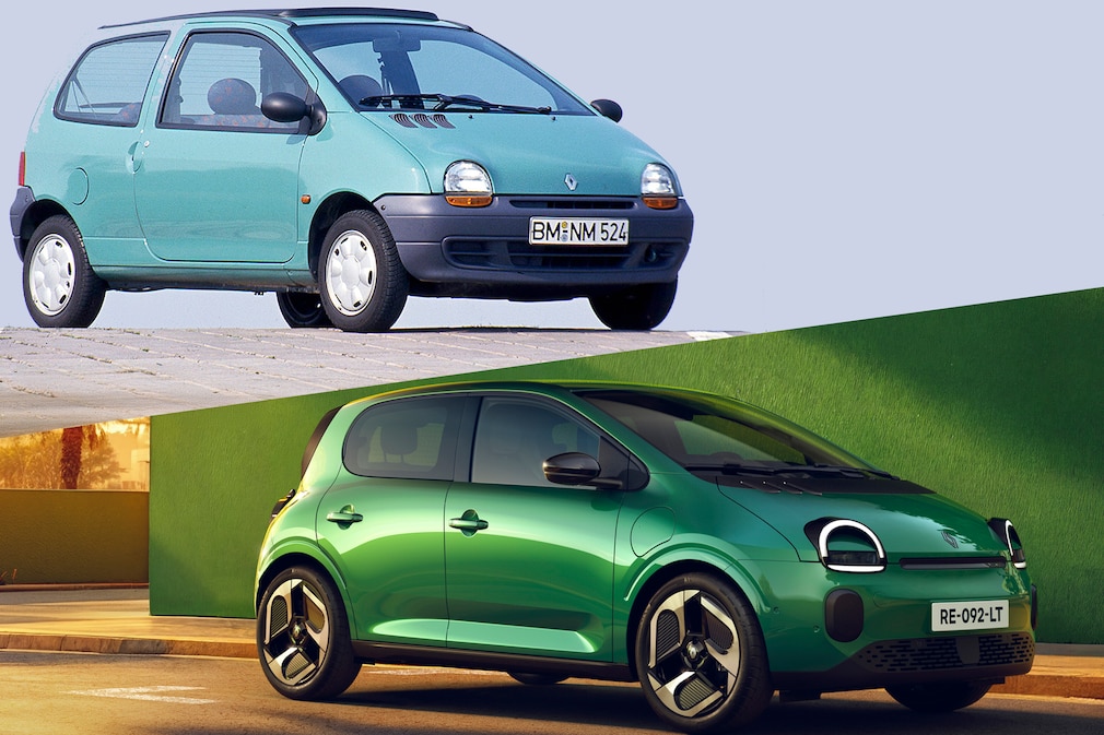 Vergleich: Renault Twingo I und neuer Renault Twingo schräg von vorn.