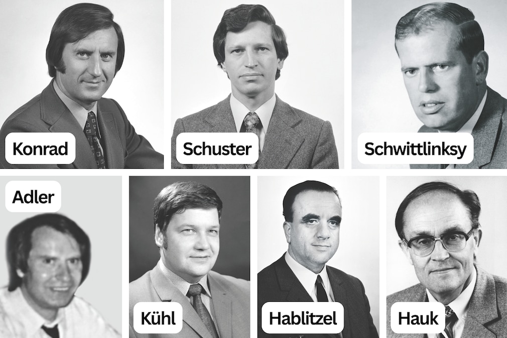 Die Gruppe, die heimlich den VW Golf Mk1 GTI entwickelte: ANTON KONRAD (1937–2024), Leiter VW-Presseabteilung, hatte die Idee zum GTI und brachte die richtigen Menschen zusammen. HERBERT SCHUSTER, HORST-DIETER SCHWITTLINSKY, JÜRGEN ADLER, GUNTER KÜHL , HERMANN HABLITZEL, FRANZ HAUK