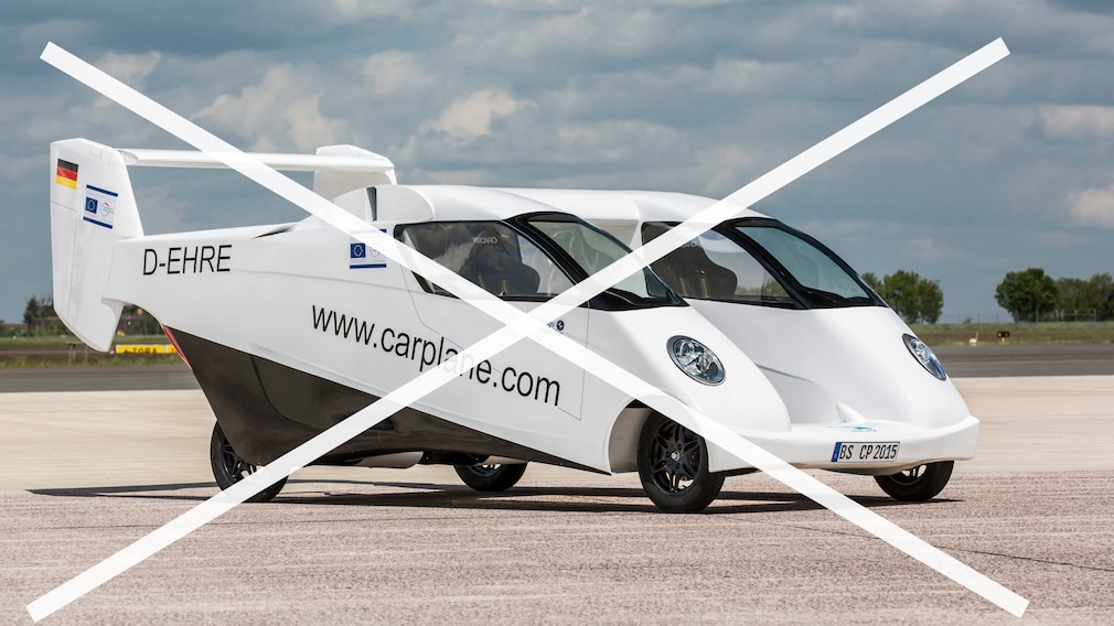 Durchgestrichenes Carplane-Flugauto steht auf einer Startbahn.