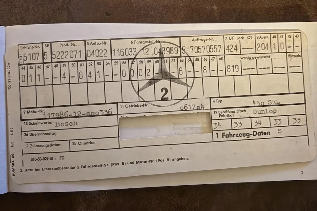 Datenkarte des Mercedes 450 SEL (W 116) von Doris Day