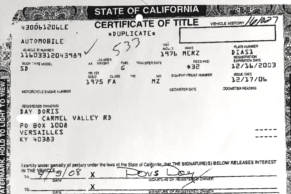 Kopie des US-Fahrzeugbriefs (title) von Doris Days Mercedes 450 SEL (W 116)