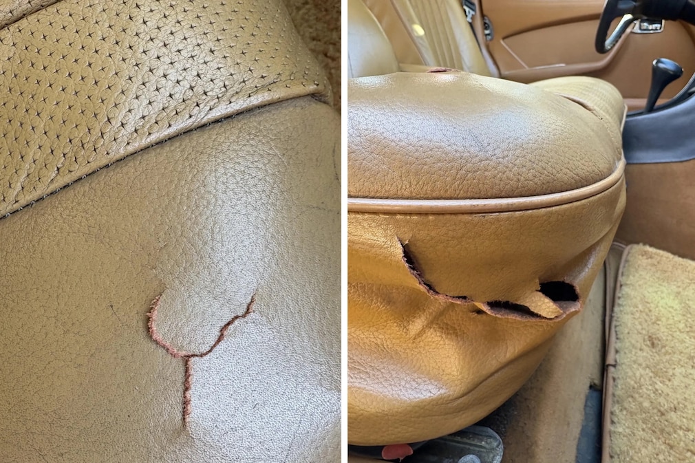 Schäden in den Ledersitzen im Mercedes 450 SEL (W 116)