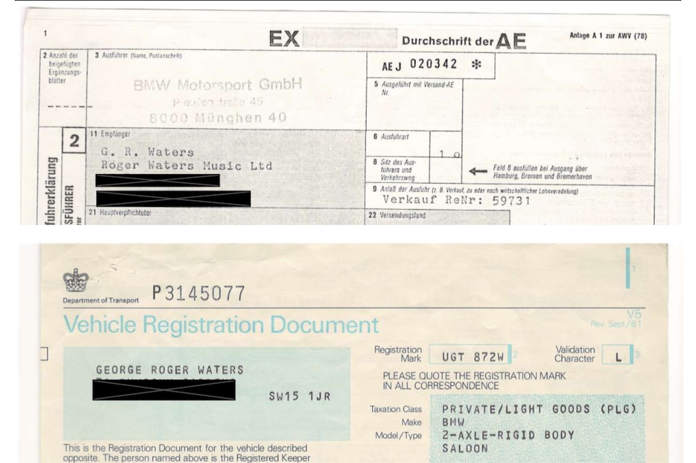 deutsche Ausfuhrbescheinigung und die britische Zulassungsbescheinigung des BMW M1