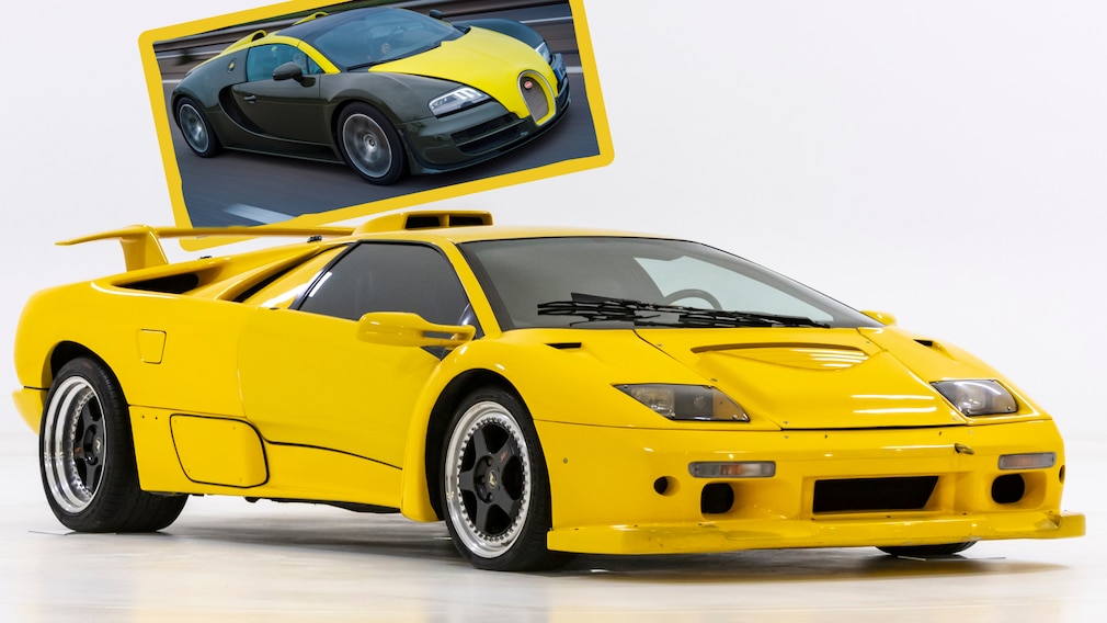 Prototyp des Lamborghini Disblo mit Bugatti-Motor, dazu der Bugatti Veyron 16.4 Grand Sport