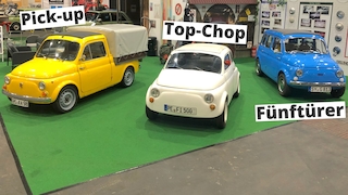 Drei Umbauten des Fiat 500 / Nuova 500: 500 Pick-up, 500 Top-Chop und 500 Giardinera Fünftürer