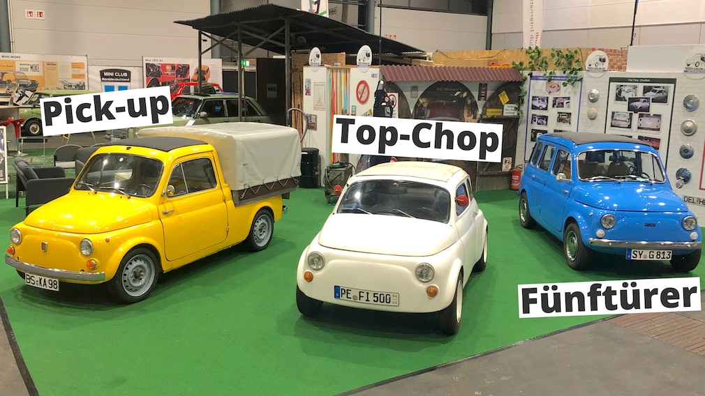 Drei Umbauten des Fiat 500 / Nuova 500: 500 Pick-up, 500 Top-Chop und 500 Giardinera Fünftürer