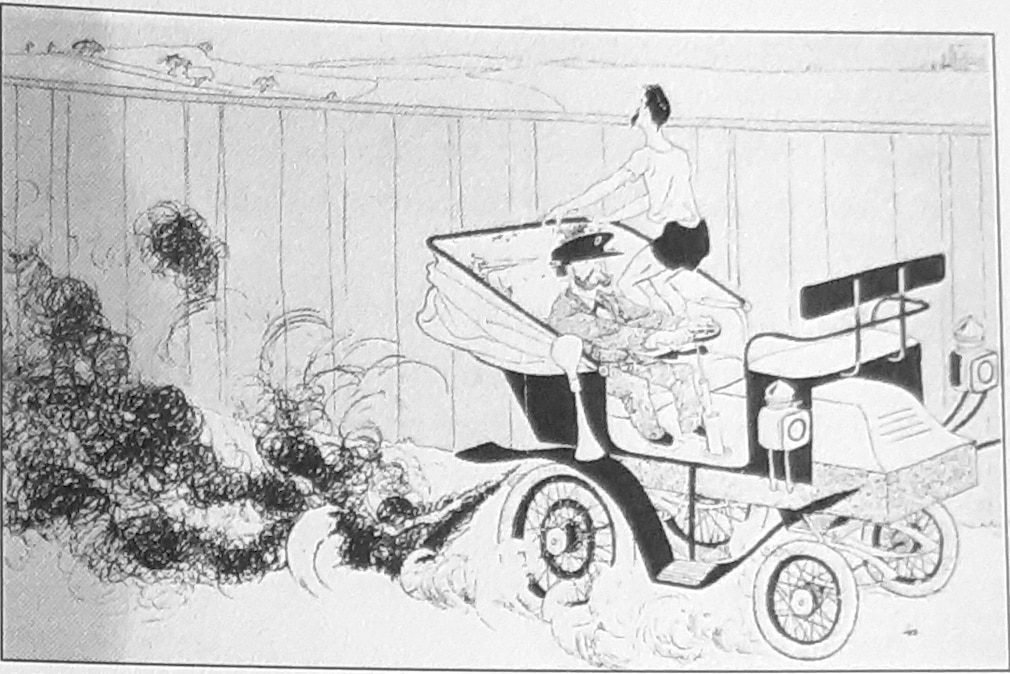 historischer Cartoon, Karikatur vom Marathonläufer, der sich in einem Auto der Kaiserzeit mitnehmen lässt