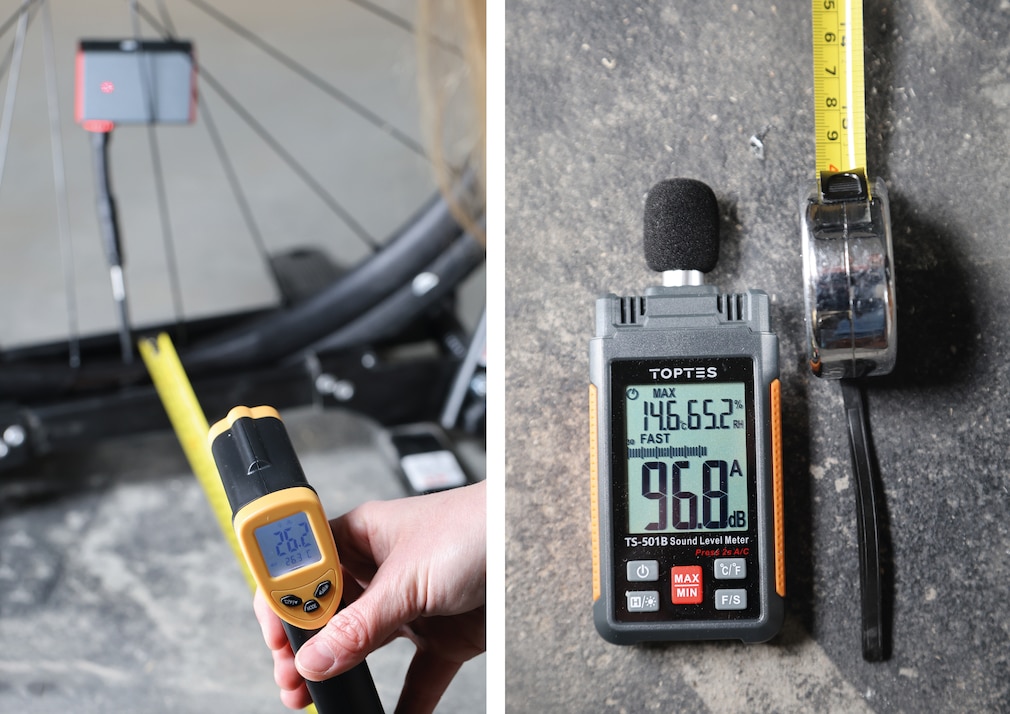 Die Silca Pumpe in Arbeit mit Infrarot-Thermometer-Messung auf Gehäuse und Lautsträke-Messung per Schallpegelmessgerät.