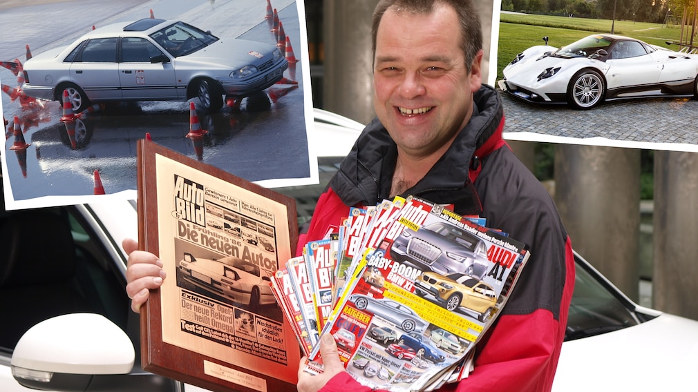 Archivar mit AUTO BILD-Heften, dazu Ford Scorpio beim Dreher und Pagani Zonda
