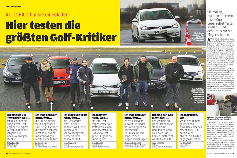 Doppelseite aus AUTO BILD. Headline: "Hier testen die größten Golf-Kritiker"